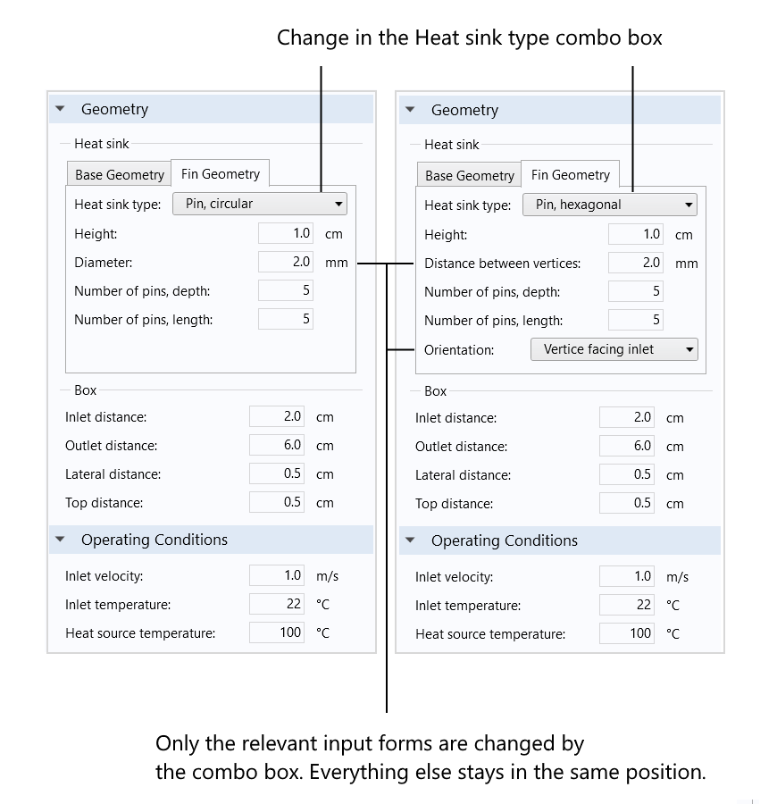 An screenshot showing the effects of changing an input in the Heat sink type combo box.