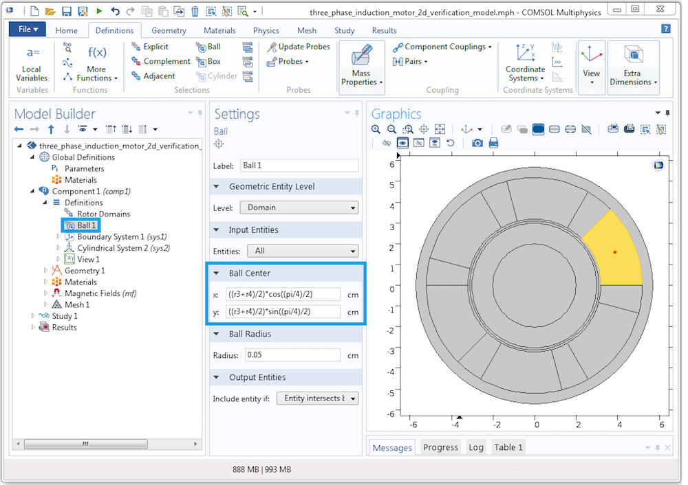 Screenshot showing how to create a parameterized ball selection in COMSOL Multiphysics.