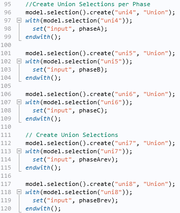 Screenshot of the code for creating union selections.