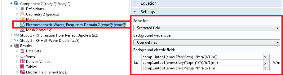 COMSOL Multiphysics settings window showing the background field settings.