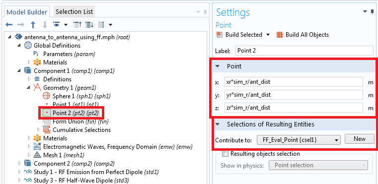 COMSOL Multiphysics settings window for the scattering amplitude evaluation point.