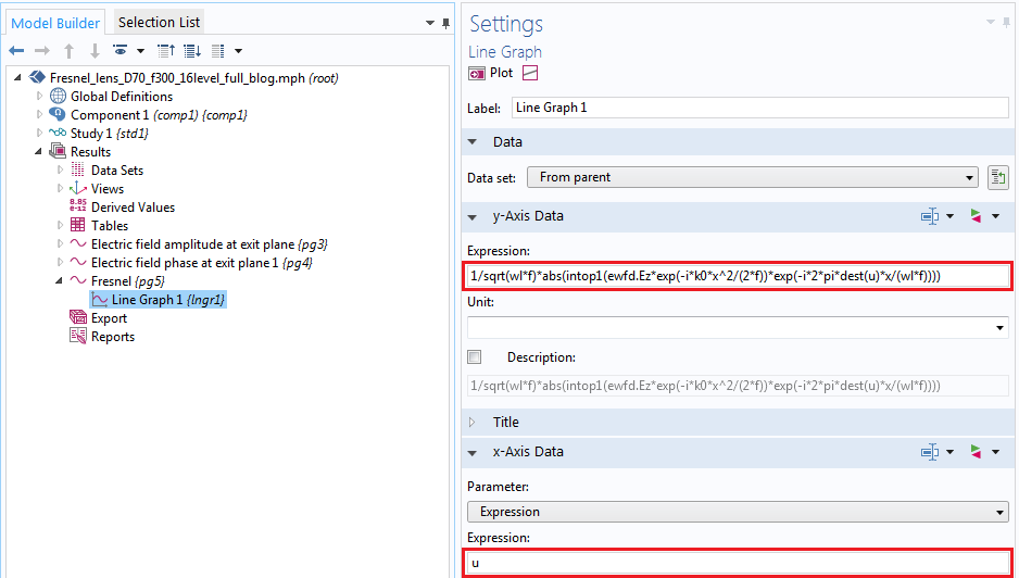 Screenshot of the Fourier transformation settings in COMSOL Multiphysics.