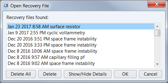 Screenshot of the Open Recovery File window in COMSOL Multiphysics.