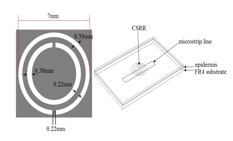 Side-by-side images showing schematics of the CSRR and the CSRR-based sensor model.