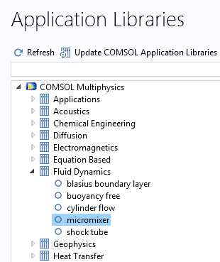 COMSOL Multiphysics 中 App 库的屏幕截图，其中选择了微混合器教程