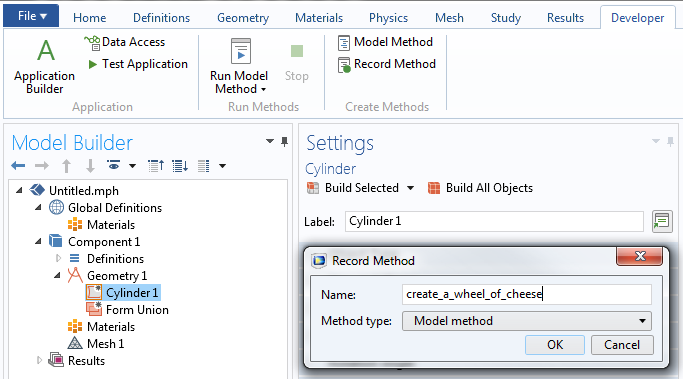 A screenshot showing the new Developer tab in COMSOL Multiphysics® 5.3 版本中新增‘开发工具’选项卡的截图。
