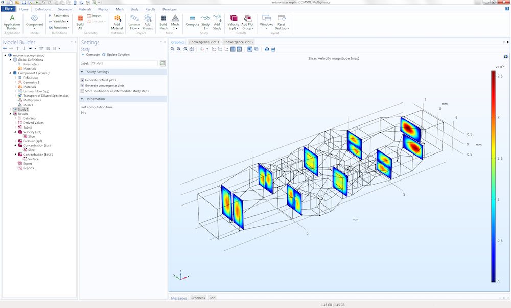 The COMSOL software GUI with a micromixer model in the Graphics window.
