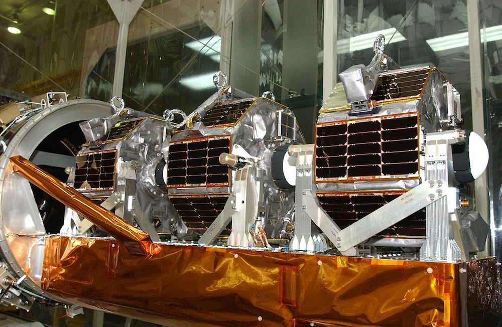 A photograph showing microsatellites used in NASA's Space Technology 5 mission.