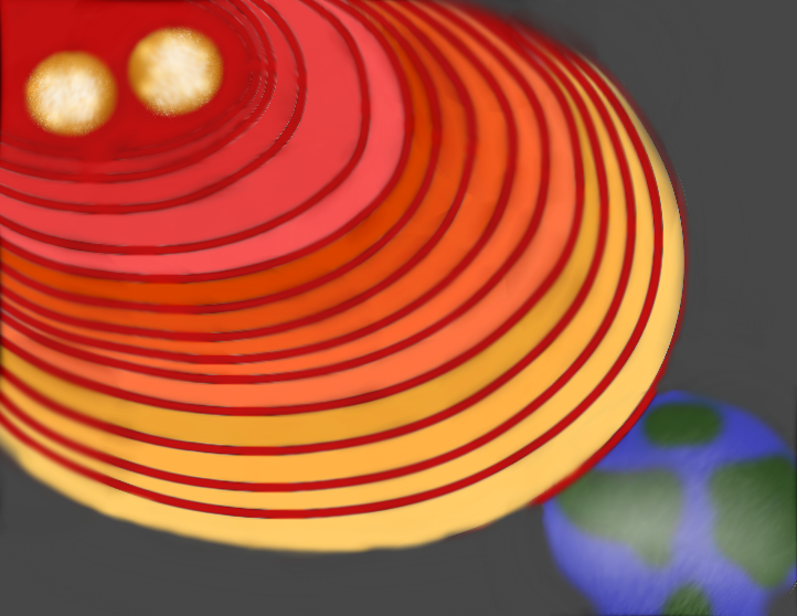 描绘 2017 年中子星碰撞及其产生的引力波的绘画作品。