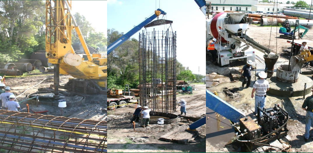 Side-by-side photographs showing the 3 stages of the concreting process for a drilled shaft.