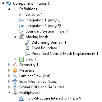 A screenshot of the COMSOL software GUI with the Moving Mesh features expanded.