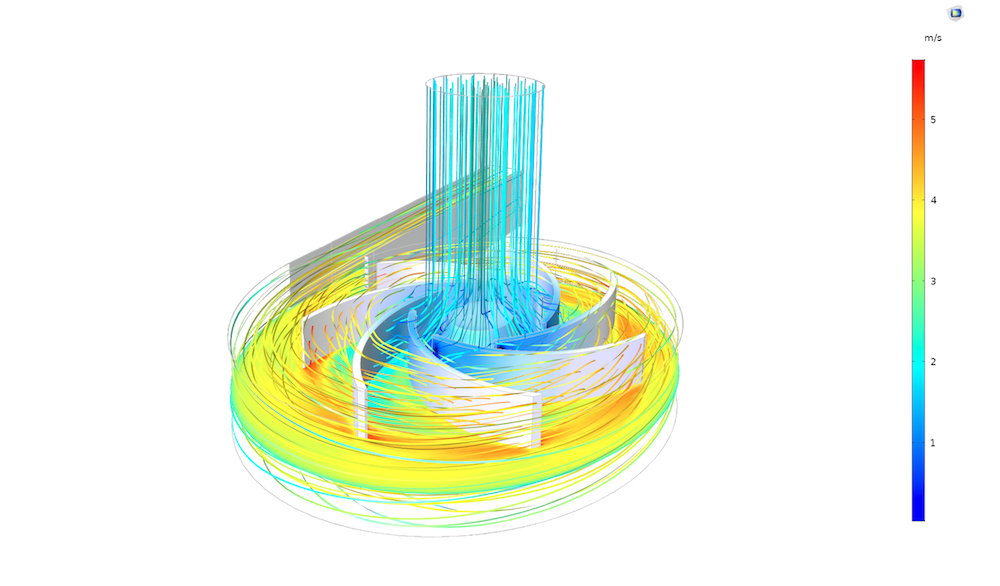 使用 COMSOL Multiphysics 中的代数多重网格求解器求解的离心泵中的流动模型