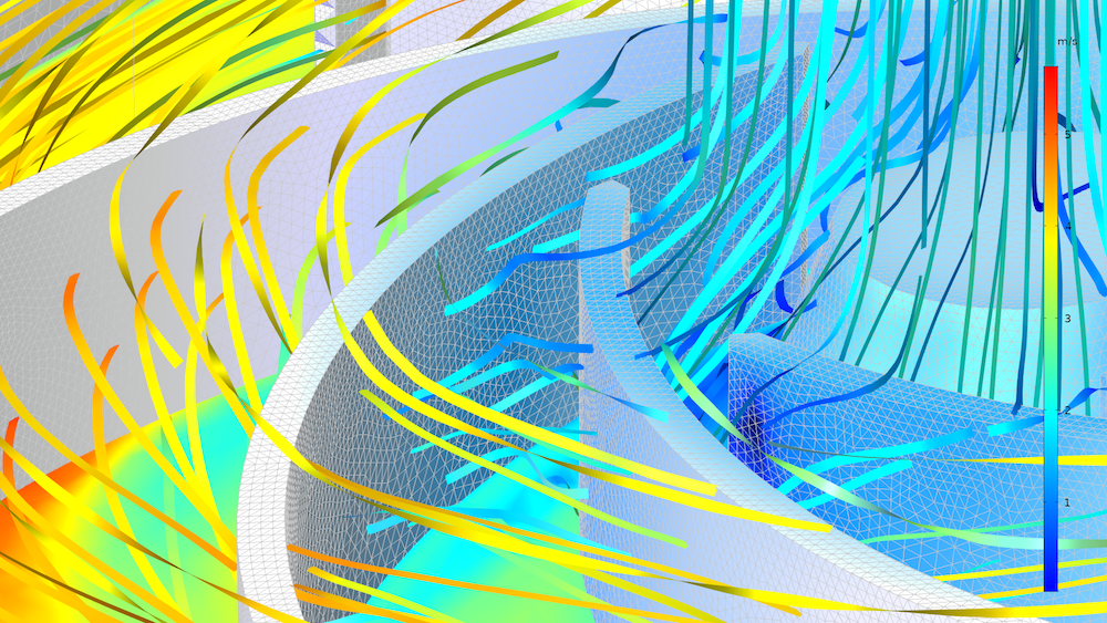 离心泵模型的特写，其中显示了网格和流线
