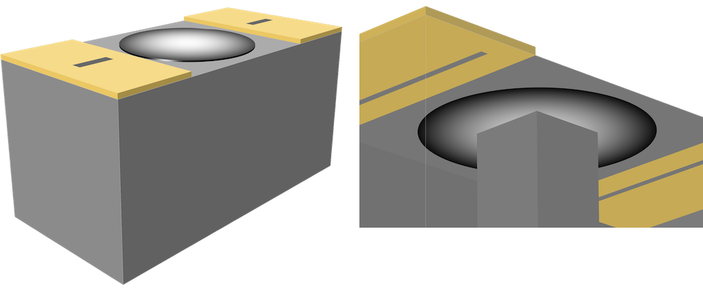 An image of a cavity filter with a piezoelectric actuator and an image showing the gap size between a piezoelectric actuator and a metallic post.