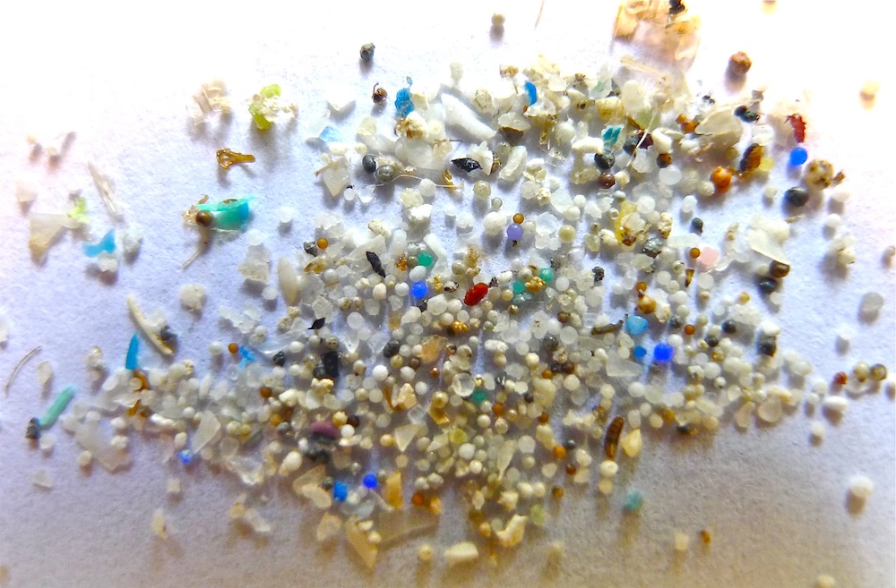 A photo of various kinds of microbeads, a wastewater contaminant, scattered on a surface.