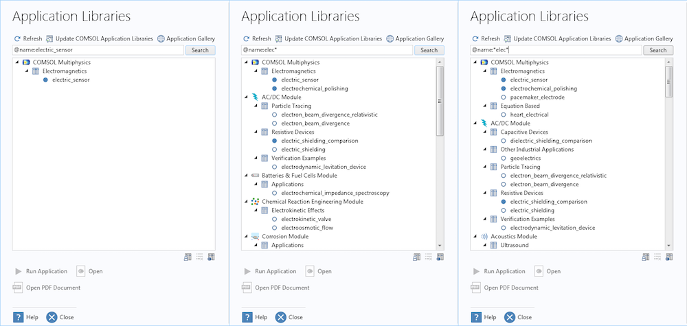 A collage of three screenshots of the Application Libraries to demonstrate how to search for a tutorial model.