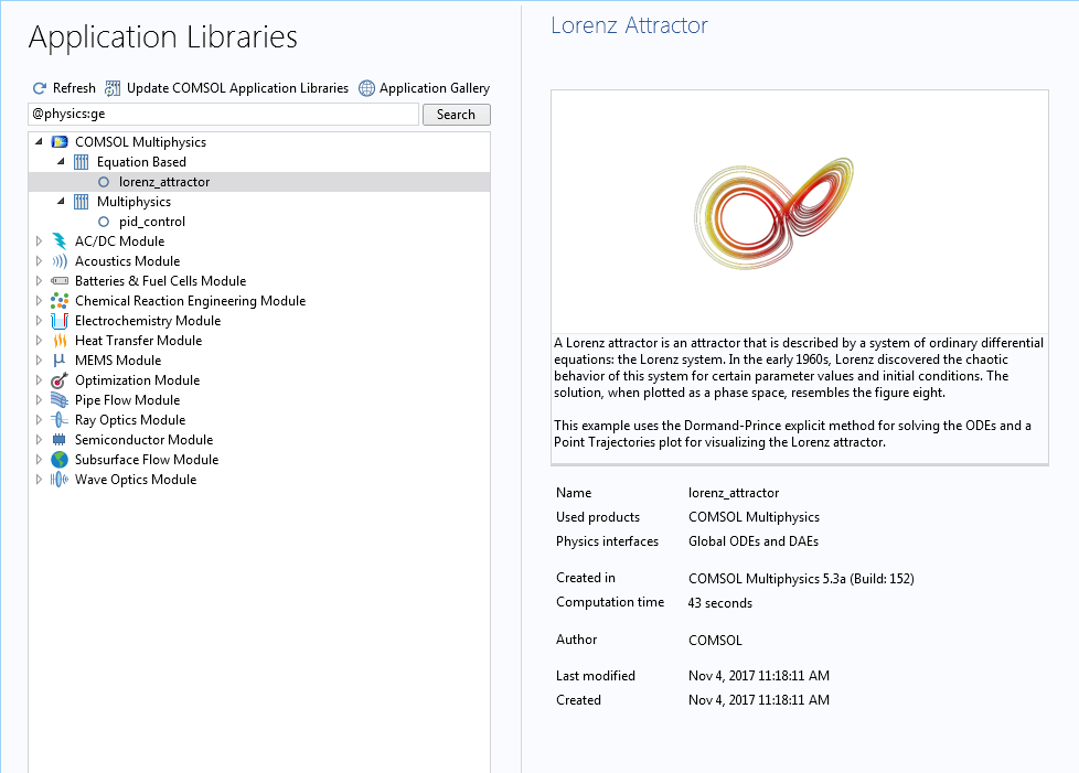 A screenshot of the Application Libraries after searching for models containing the Global ODEs and DAEs interface.