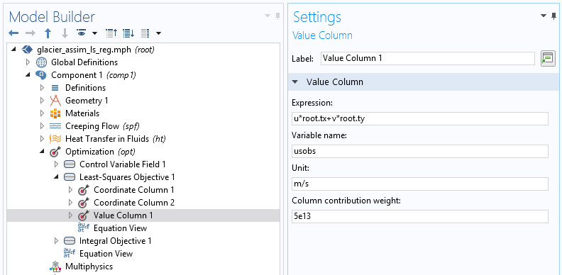 A screenshot of the Value Column settings in COMSOL Multiphysics.