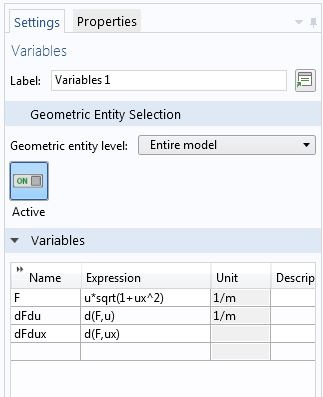 A screenshot of the Variables settings in COMSOL Multiphysics.