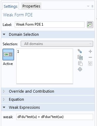 A screenshot of the Weak Form PDE settings when using symbolic differentiation.