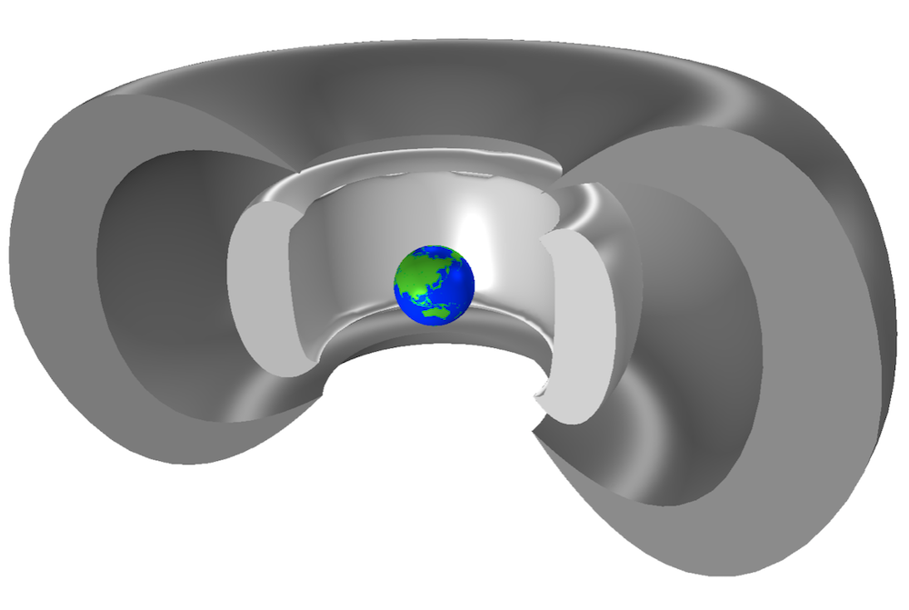 COMSOL Multiphysics® 模型的图片显示了环绕地球的范·艾伦带。