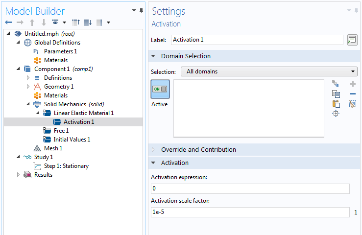 A screenshot of the Activation feature settings used to activate material.