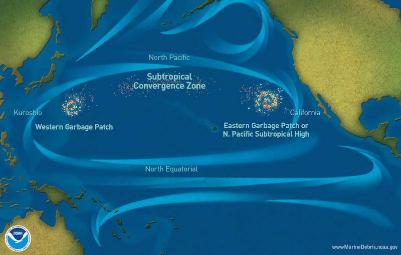显示大太平洋垃圾补丁在北太平洋亚热带地区的位置的地图。