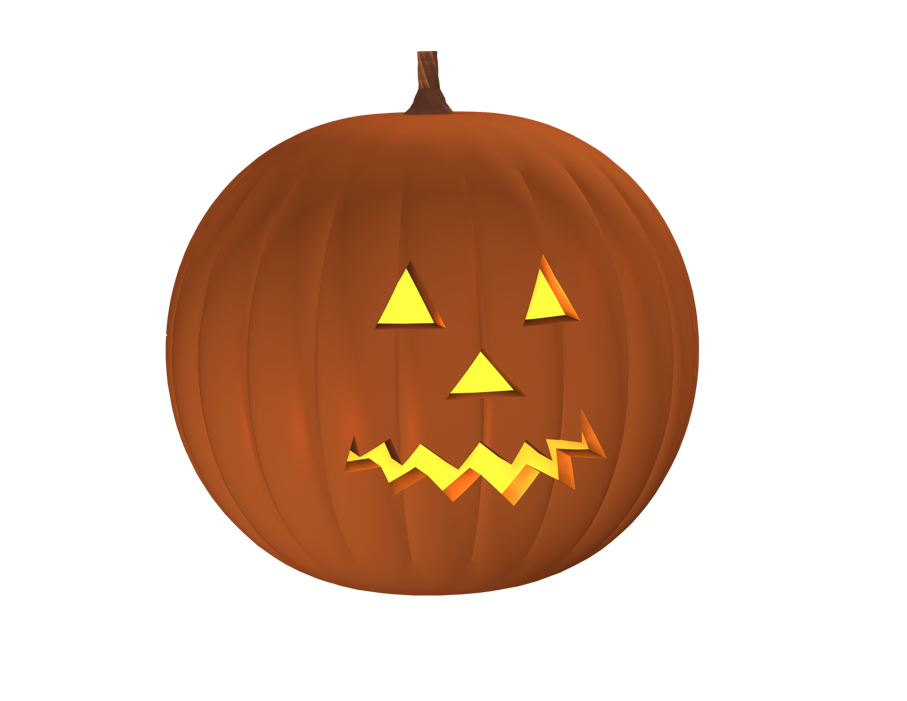 A model of a jack-o'-lantern with a distinct yellow glow inside of it.