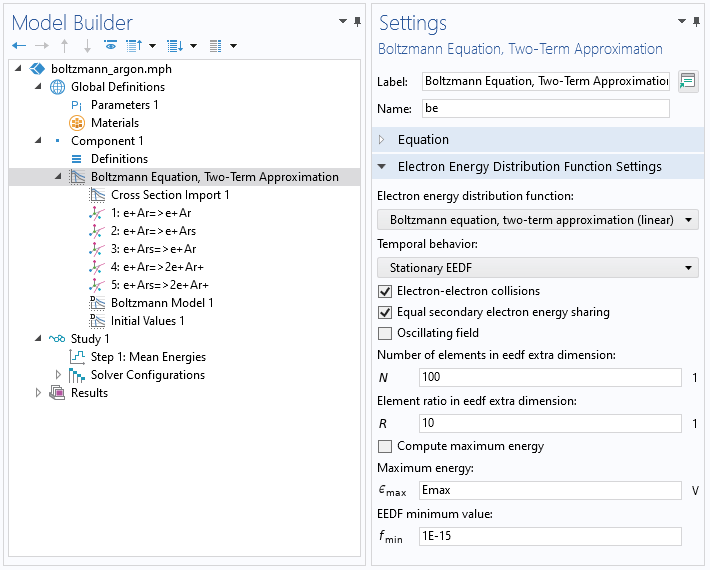 A closeup view of the COMSOL Multiphysics UI showing the Model Builder with the Boltzmann Equation, Two-Term Approximation interface highlighted and the corresponding Settings window with the Electron Energy Distribution Function Settings section expanded.