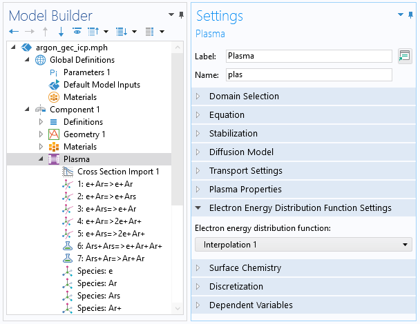 A closeup view of the COMSOL Multiphysics UI showing the Model Builder with the Plasma model node highlighted and the corresponding Settings window with the Electron Energy Distribution Function Settings expanded.
