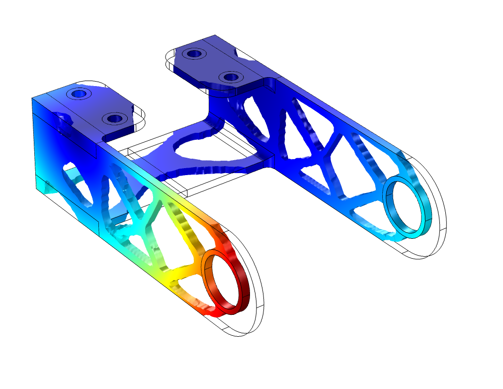 An image of a topology-optimized bracket model in COMSOL Multiphysics.