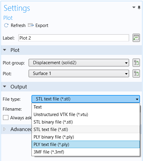 A screenshot showing the different export file options.