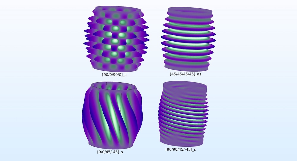 复合材料圆柱体屈曲的 4 种不同的模式形状