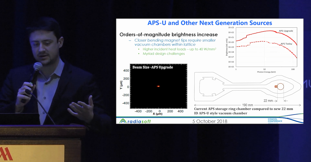 Nicholas Goldring 在 2018 年 COMSOL 用户年会上讨论同步加速器光源的照片。