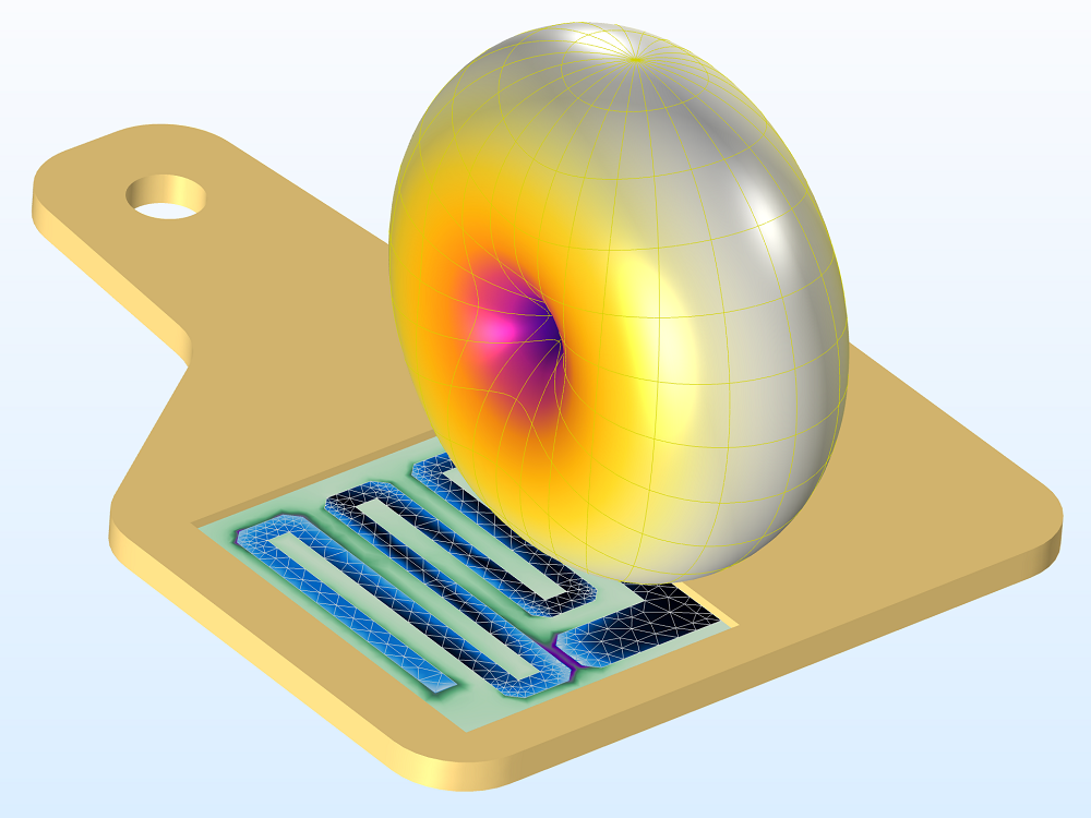 在 COMSOL Multiphysics® 中模拟的 UHF RFID 标签模型的图像。