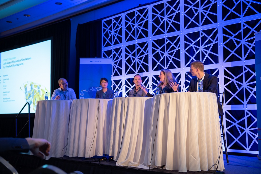 Acoustics engineers discuss their work during the "Advances of Acoustics Simulations for Product Development" panel.