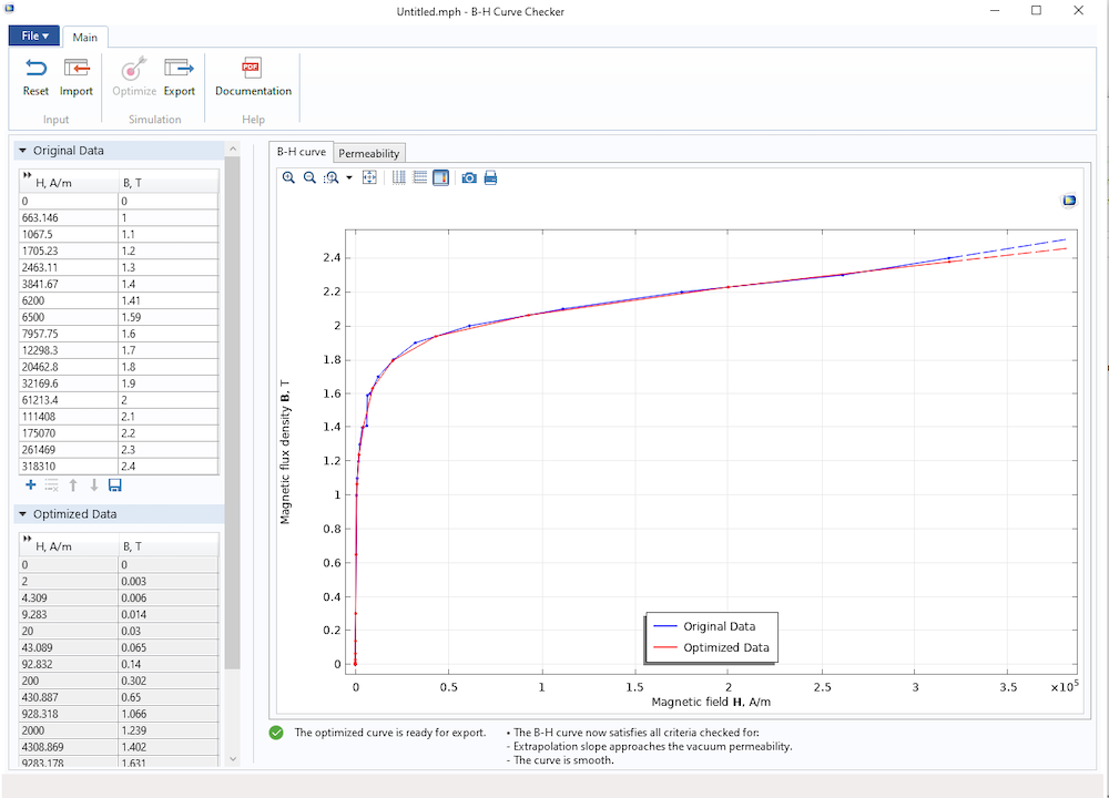 COMSOL Multiphysics®中 B-H 曲线检查器应用程序的屏幕截图。