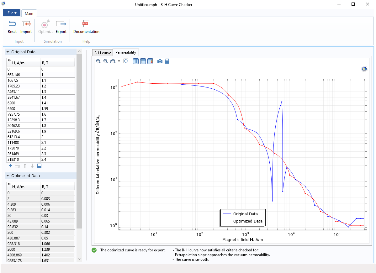 B-H曲线检查器应用程序的屏幕截图，显示了B-H曲线的差异渗透率。