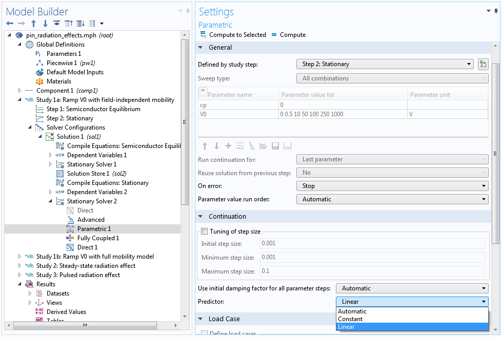 A screenshot of the Parametric Settings window used to select the linear predictor.