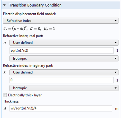 A screenshot of the Transition boundary condition settings.