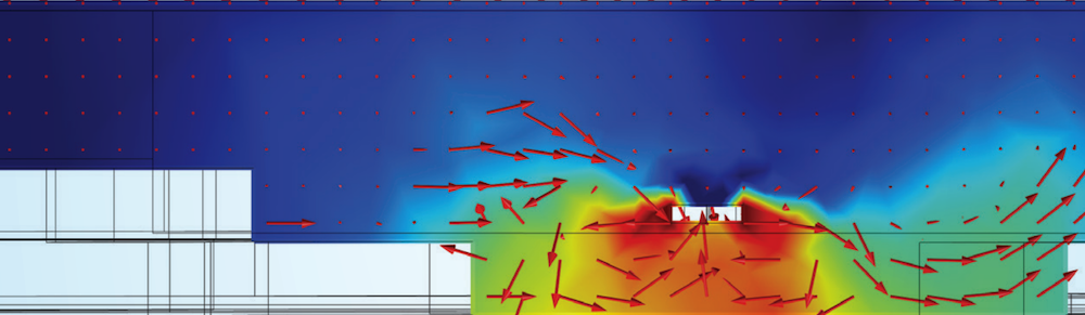 在 COMSOL Multiphysics® 中显示油藏中微气泡的流线图，这是使用仿真来帮助环境的一个示例。