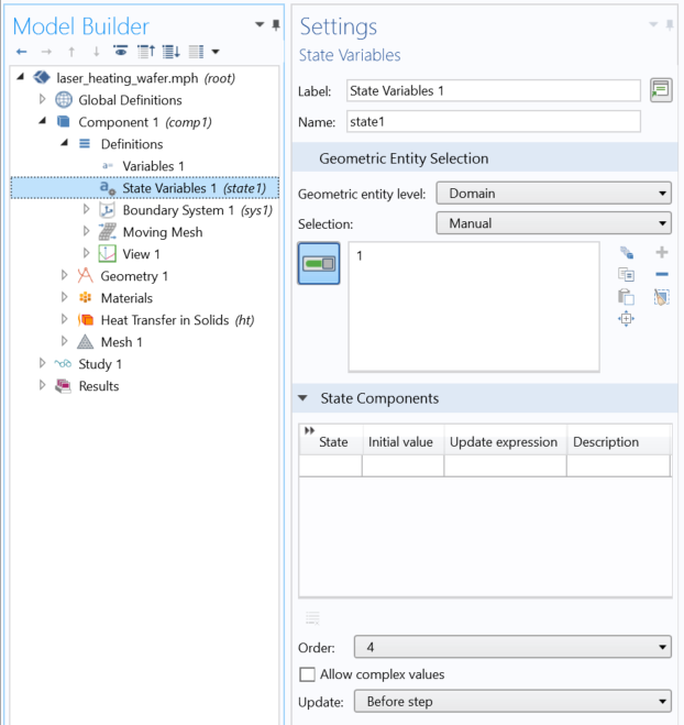 A screenshot of the Settings window for the State Variables functionality in COMSOL Multiphysics.