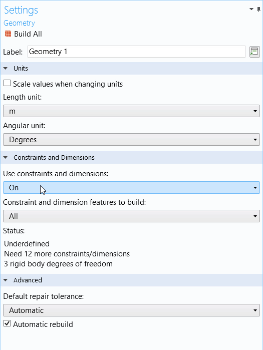 A screenshot of the Geometry Settings window for inputting constraints and dimensions in the Design Module.