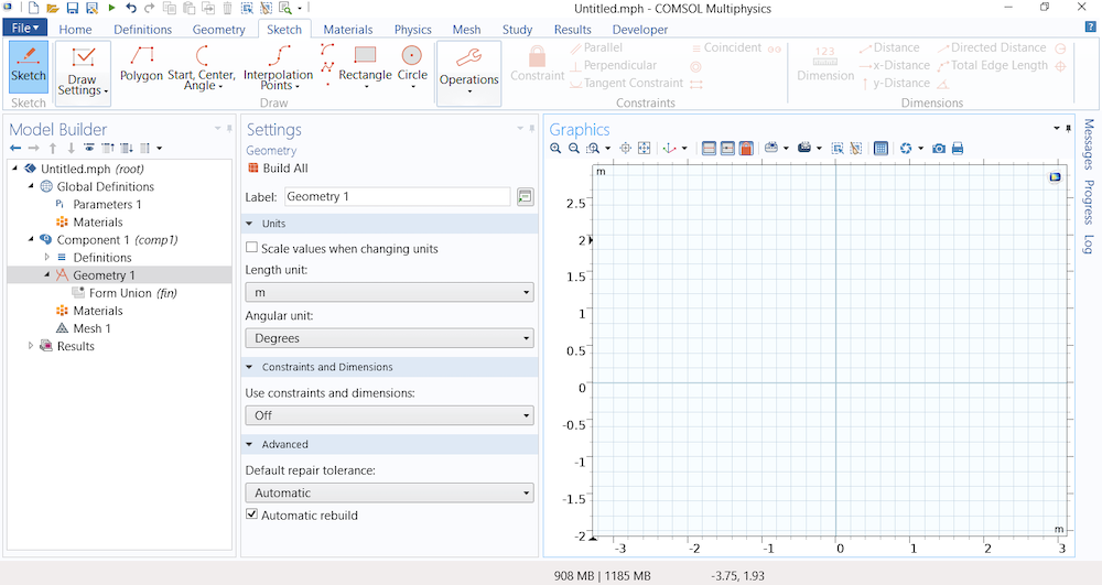 A screenshot showing the Graphics window in the Model Builder with the Sketch mode enabled and grid lines shown.