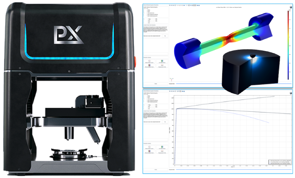 Side-by-side images showing a photo of the Indentation Plastometer material testing tool and the SEMPID software app from Plastometrex.