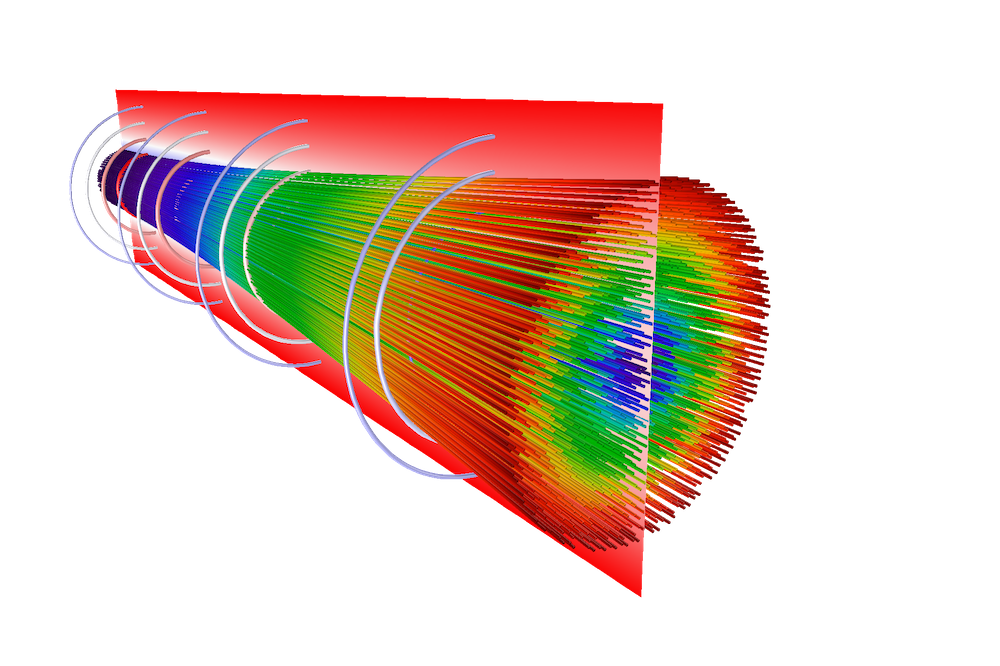 在COMSOL Multiphysics中使用彩虹色表建模的发散电子束的3D模型。
