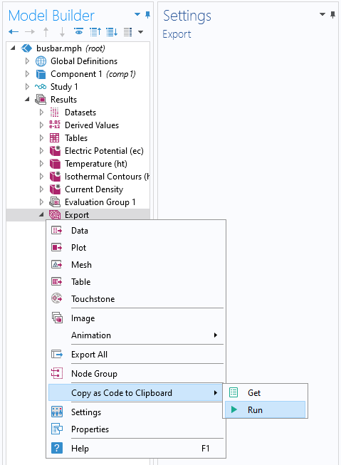 A screenshot of the export settings with a menu expanded and the option Copy as Code to Clipboard selected.