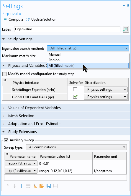 A screenshot of the Eigenvalue Settings window with the All option highlighted.