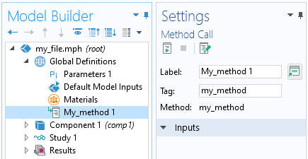 A screenshot of a Settings window showing how to add a call to a method in the Model Builder.