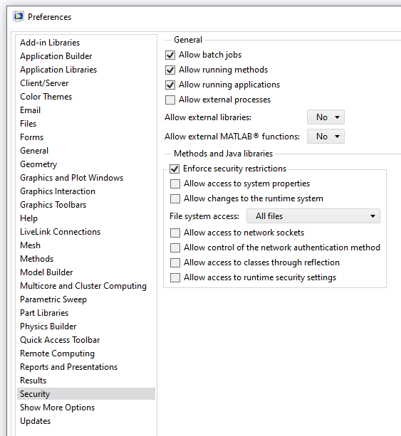 A screenshot of the Preferences window opened to the Security options.